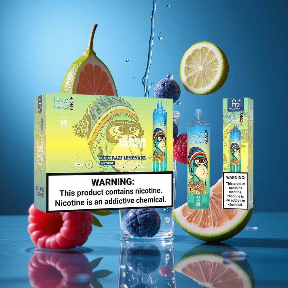 RandM Fumot Tornado 15000 Puffs Ahşap Bobin Teknolojisi Mavi Ahududu Limonata Turkey vapes